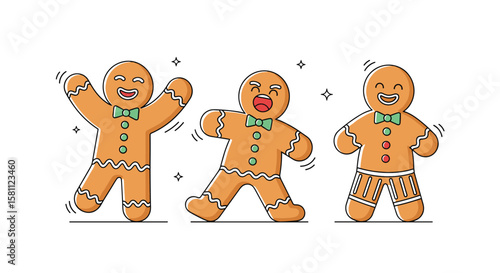 Joyful gingerbread men dancing and celebrating festive holiday cheer with sparkles