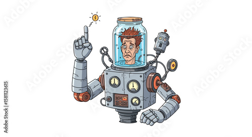 Inventor inside robot suit gets brilliant idea and points with a lightbulb in this illustration