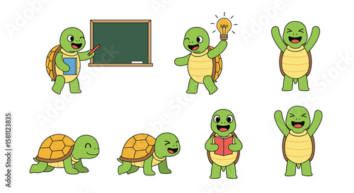 Charming cartoon turtles expressing various emotions and actions for educational content