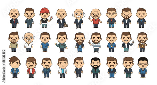 Collection of diverse pixel art male characters showing various styles and professions