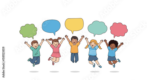 Happy kids jumping excitedly with colorful speech bubbles above their heads
