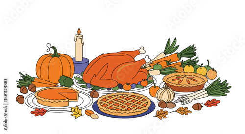 A delicious thanksgiving feast celebrating autumn bounty with festive foods and decorations