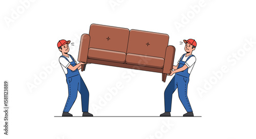 Two movers struggling to carry a large brown sofa up stairs or through a narrow hallway