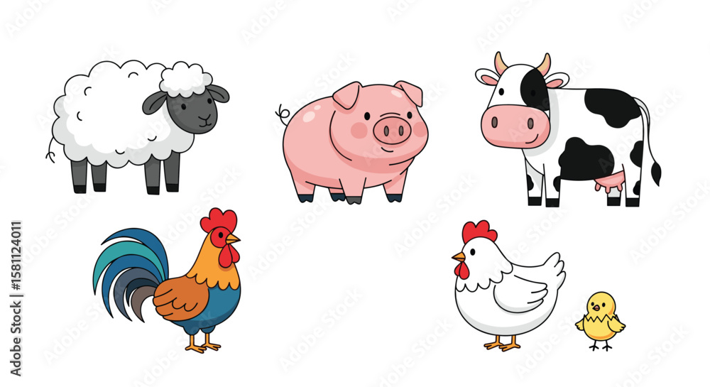 Fototapeta premium Collection of cute farm animals including sheep pig cow rooster hen and chick