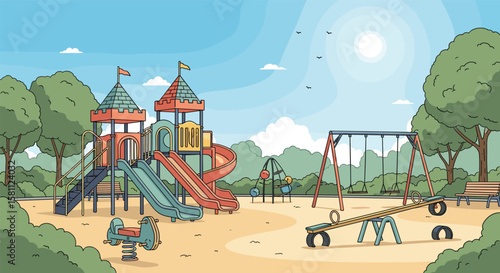 Vibrant sunny day at a lively outdoor children's playground activity fun park