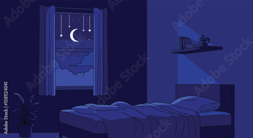 Pixel art bedroom scene at night with a window view of the moon and stars