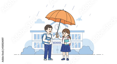 Children share umbrella walking to school together on rainy day friendship back to school concept