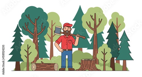 Strong bearded woodsman with axe stands proudly in a lush green forest surrounded by tall trees and cut logs