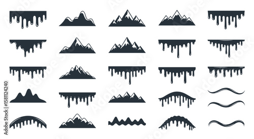 Collection of hand drawn mountain landscapes and dripping effects for design projects