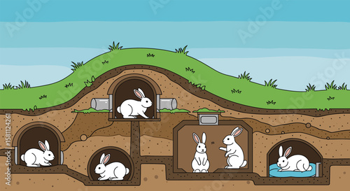 Underground rabbit warren with multiple entries and cozy burrows for a happy family of hares