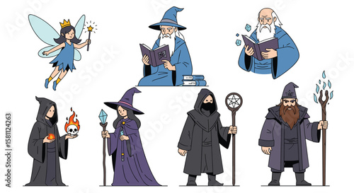 Magical beings fantasy characters illustration featuring wizards fairies and mystical figures