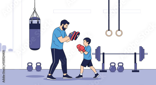 Father and son boxing training in a gym with weights and punching bag