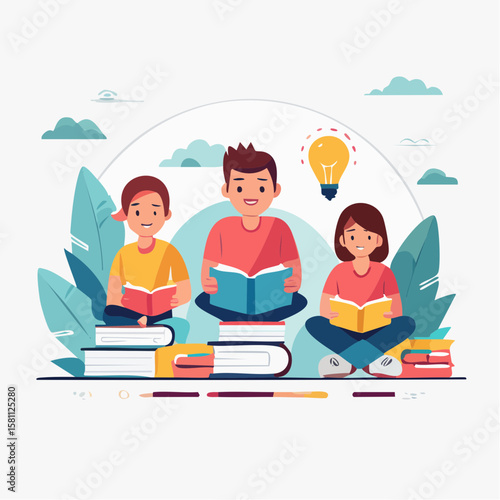 children reading a book together