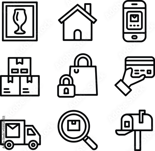 A collection of nine black and white line art icons depicting various concepts and everyday objects nicely shown