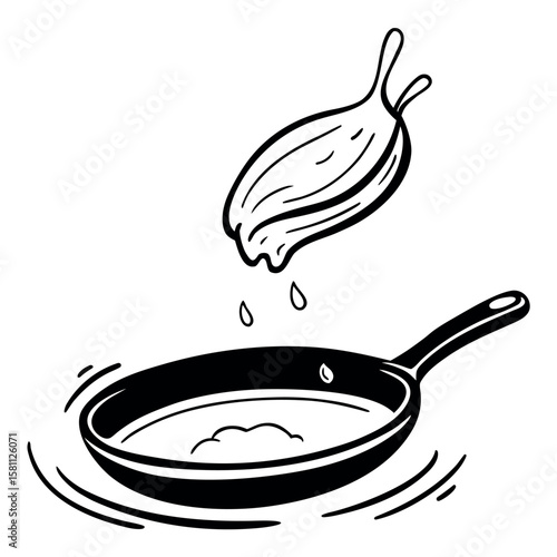 A Pancake Being Flipped In A Frying Pan With Simple Lines