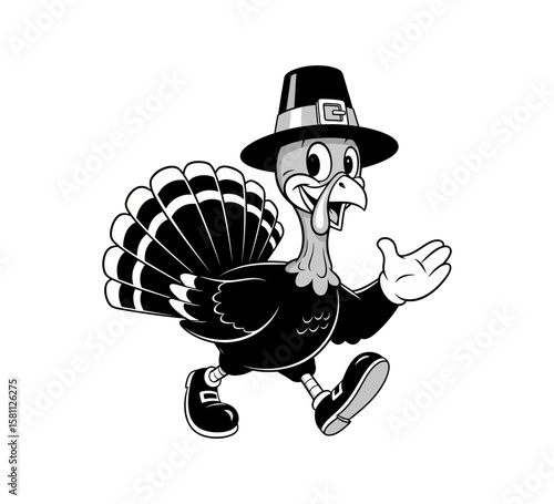 A cartoon pilgrim turkey wearing a hat runs happily