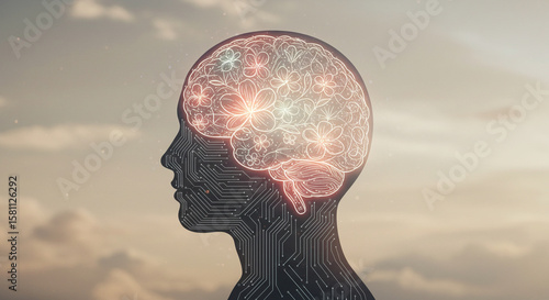 Human head silhouette with glowing brain. 