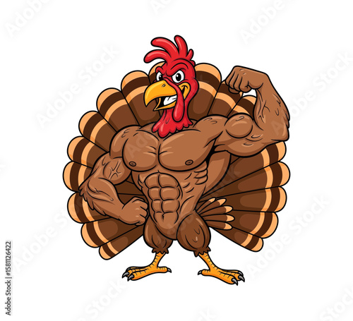 A muscular turkey flexing its biceps isolated on white background
