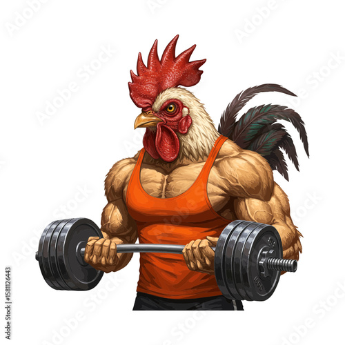 A muscular rooster lifting weights, wearing an orange tank top