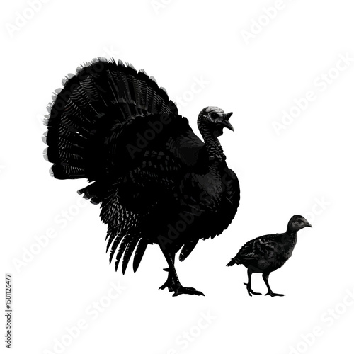 A male turkey and a young poult stand side by side