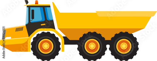 Heavy duty dump truck designed for carrying loose material on construction sites, featuring a large open box bed and robust tires for navigating challenging terrain