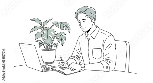 Illustration of a young professional writing in a notebook at an office desk. Business planning and organization concept.