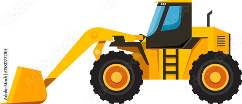 Modern yellow front end loader with large bucket parked, ready for loading and unloading operations in construction or agriculture, showcasing its strength and utility