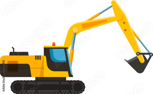 Powerful excavator digging with extended arm and bucket, representing construction, demolition, and earthmoving activities, isolated on white for easy integration into designs