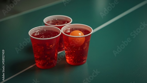 Plastic cups with soda on ping pong table, casual indoor setup with ball in cup