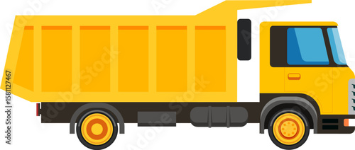 Yellow dumper truck transporting sand and gravel on a construction site, showcasing industrial machinery for material transport in civil engineering and mining