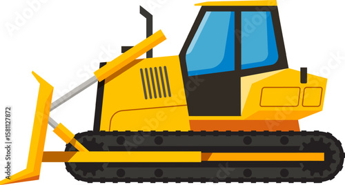 Powerful yellow bulldozer pushing dirt and debris, working on a construction or mining site, demonstrating industrial strength and efficiency