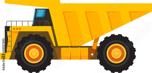 Large yellow dumper truck working in mining industry, transporting minerals and other resources, heavy machinery used for industrial purposes