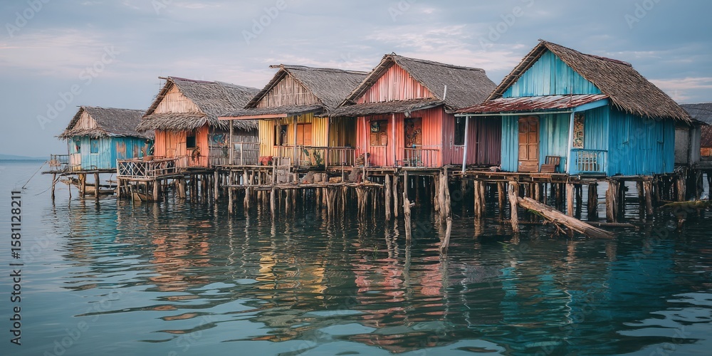 Fototapeta premium Vibrant waterfront homes on stilts reflecting in calm water.