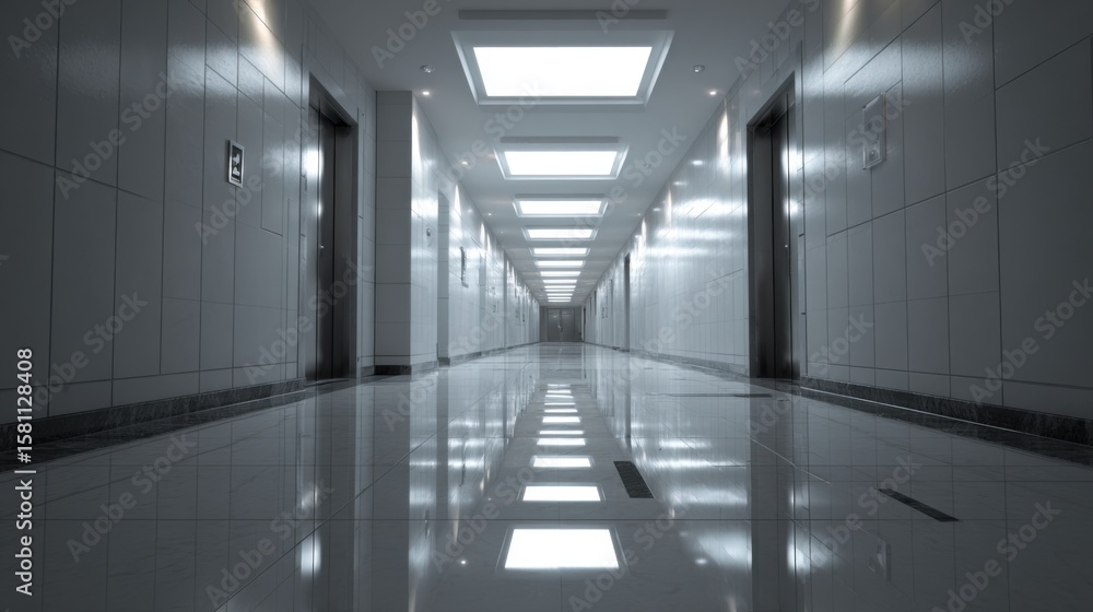 Fototapeta premium Modern corridor with polished floors and bright ceiling lights, featuring elevator doors on either side, creating a spacious and inviting atmosphere for visitors and guests