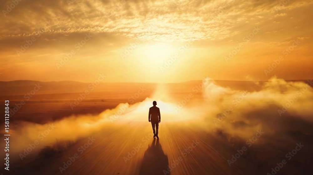 A lone male figure strolls along a dusty road as the sun sets, filling the sky with orange and yellow hues over a wide landscape A lone male figure strolls along a dusty road as the sun sets, filling the sky with orange and yellow hues over a wide landscape