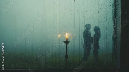 A romantic and melancholic scene of a couple's silhouette seen through a rainy window, with a single candle burning in the foreground