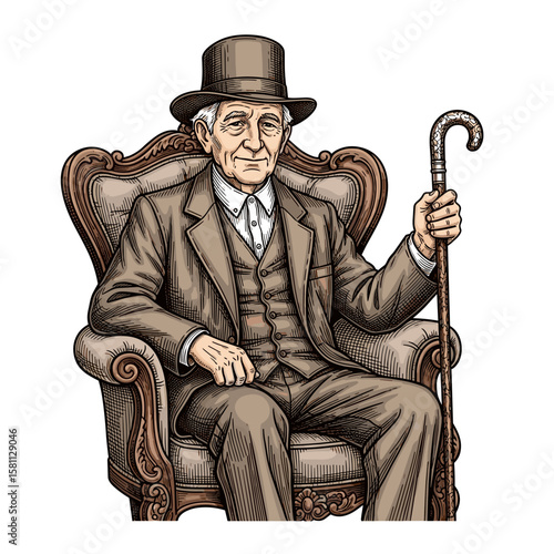 Elderly man sitting in ornate armchair holding cane in vintage style  