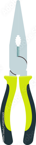 Long nose pliers with green and black handles cutting a wire, isolated on a white background, represent craftsmanship, precision, and essential tools for various tasks