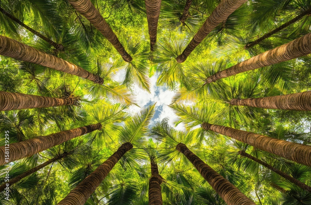 Obraz premium Lush palm trees canopy, looking up
