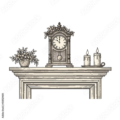 Vintage wooden clock on a mantel with candles and flowers  