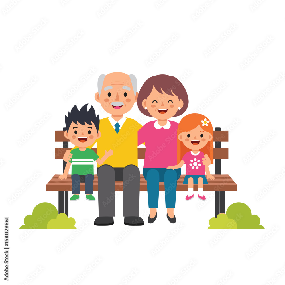 Happy family with children sitting on a bench in a park Happy family with children sitting on a bench in a park