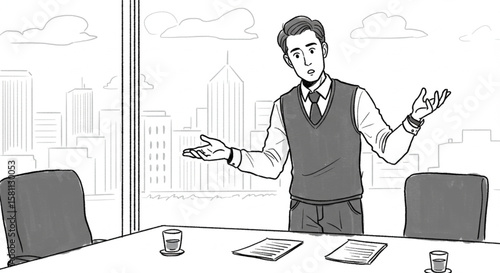 Young businessman in suit looking confused and gesturing with hands in meeting room with city skyline behind him.