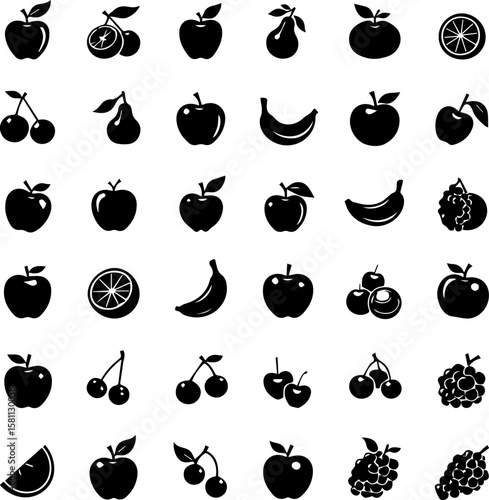 Collection of black vegetable icons arranged in a horizontal row. Includes various vegetables such as tomato, pumpkin, cucumber, and leafy greens. Flat minimal style for modern food graphics and packa