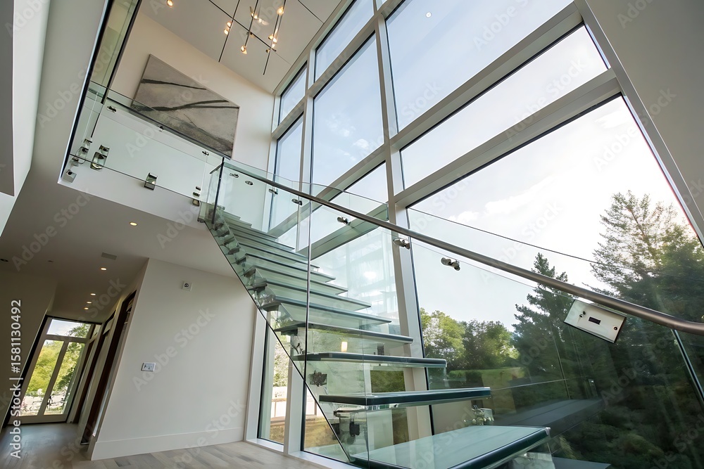 Fototapeta premium Modern Glass Staircase with Stunning Natural Light and Glass Railing in a Luxurious Home