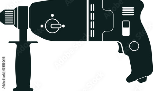 Black silhouette of a modern pistol grip rotary hammer drill with adjustable speed and reverse rotation for professional construction and repair work