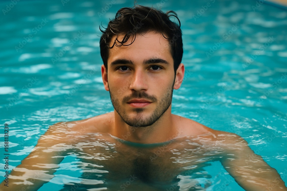 Handsome young man with wet hair standing in a turquoise swimming pool, gazing calmly into the camera Handsome young man with wet hair standing in a turquoise swimming pool, gazing calmly into the camera