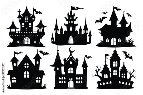 Spooky castles and flying bats silhouettes halloween haunted house