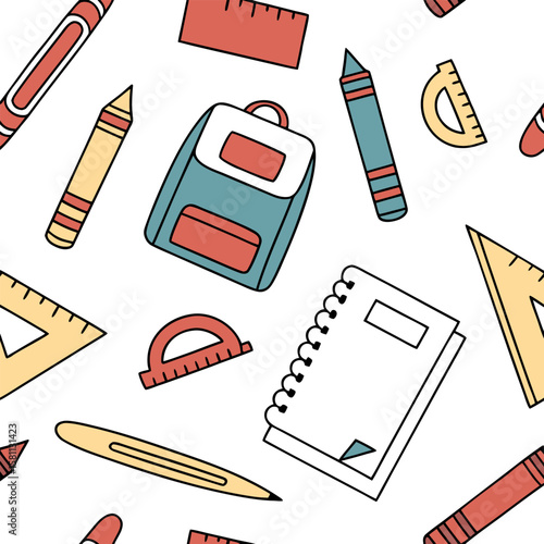 Seamless pattern featuring school supplies such as backpack crayons and rulers on a white background surface