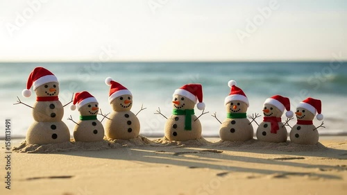 Group Of Sandy Snowmen Wearing Festive Hats And Scarves On A Sandy Beach Facing The Ocean