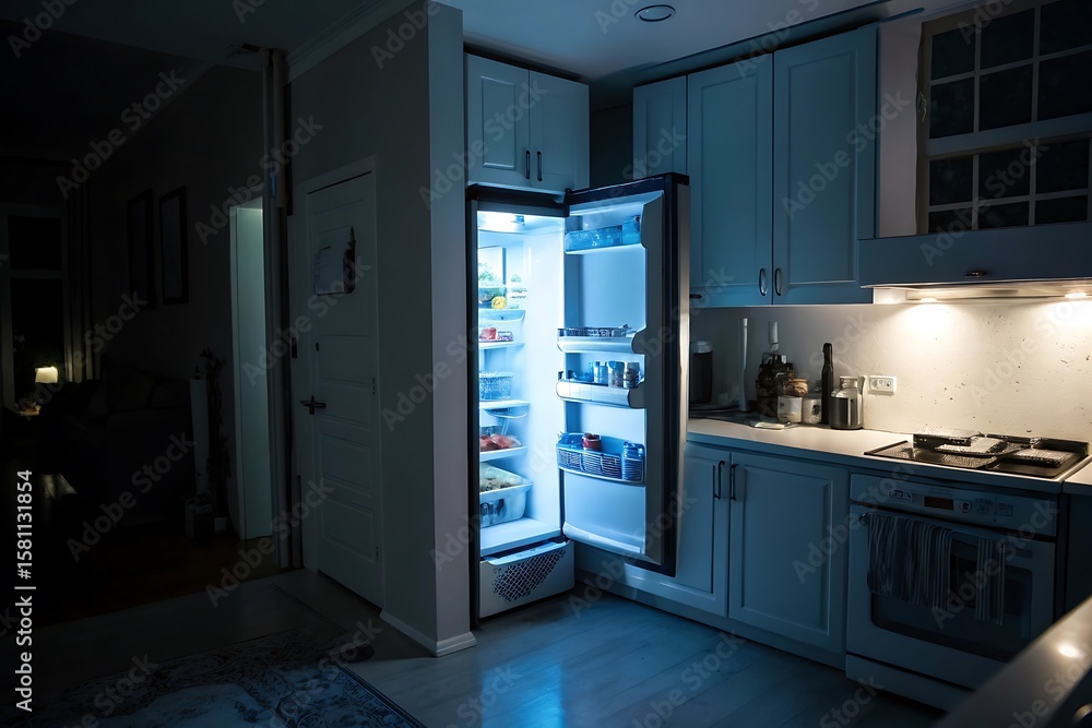 Modern Kitchen at Night, Refrigerator Door Open, Illuminated Interior Modern Kitchen at Night, Refrigerator Door Open, Illuminated Interior